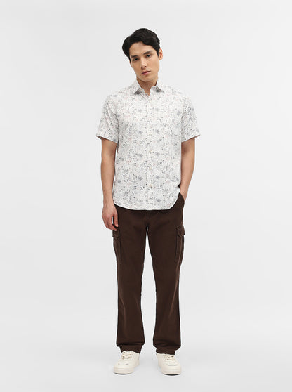 White & Grey Printed Tailored Fit Semi Casual Shirt | Greenfibre