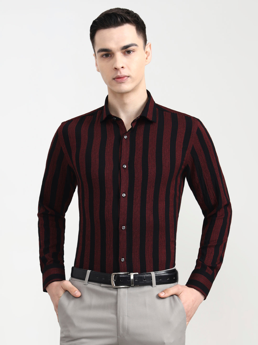 Black & Red Striped Slim Fit Party Wear Shirt | Wyre