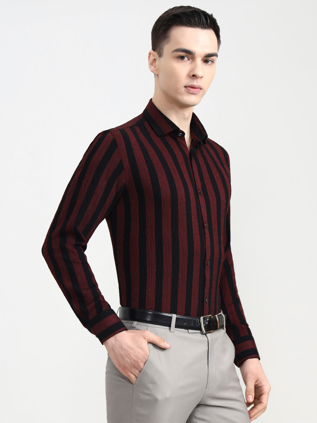 Black & Red Striped Slim Fit Party Wear Shirt | Wyre