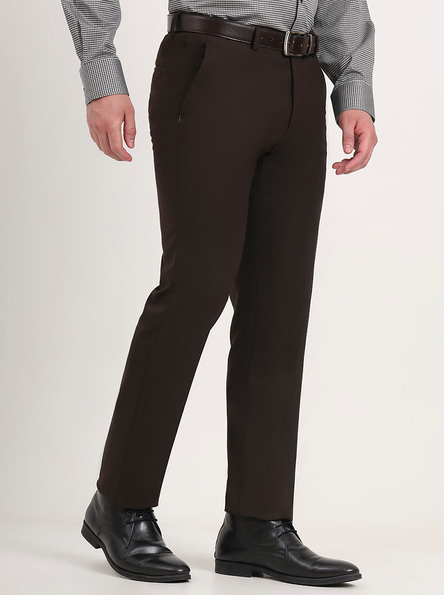 Brown Solid Slim Fit Formal Trouser | Greenfibre