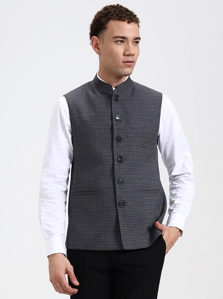 Blue & Grey Checked Regular Fit Modi Jacket | JadeBlue