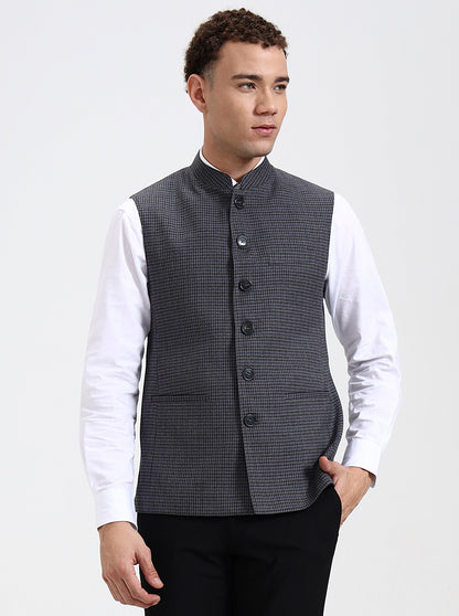 Blue & Grey Checked Regular Fit Modi Jacket | JadeBlue