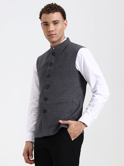 Blue & Grey Checked Regular Fit Modi Jacket | JadeBlue