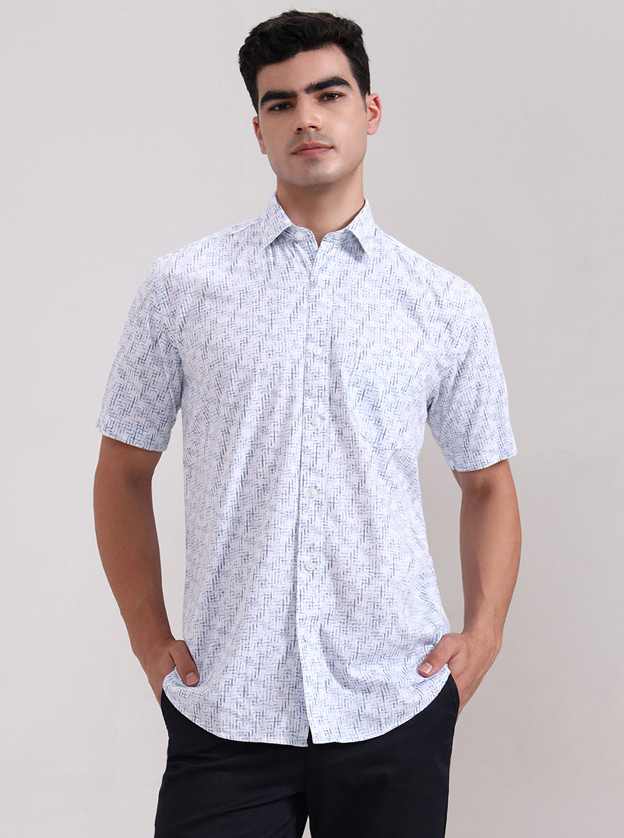 Blue Printed Tailored Fit Semi Casual Shirt | JadeBlue