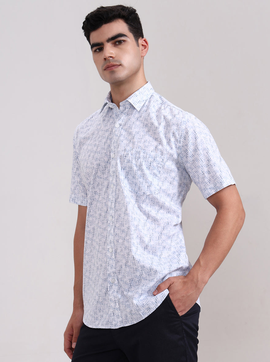 Blue Printed Tailored Fit Semi Casual Shirt | JadeBlue