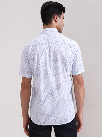Blue Printed Tailored Fit Semi Casual Shirt | JadeBlue