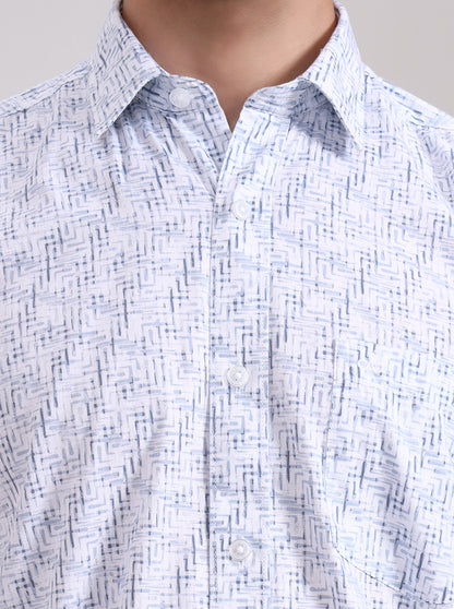 Blue Printed Tailored Fit Semi Casual Shirt | JadeBlue