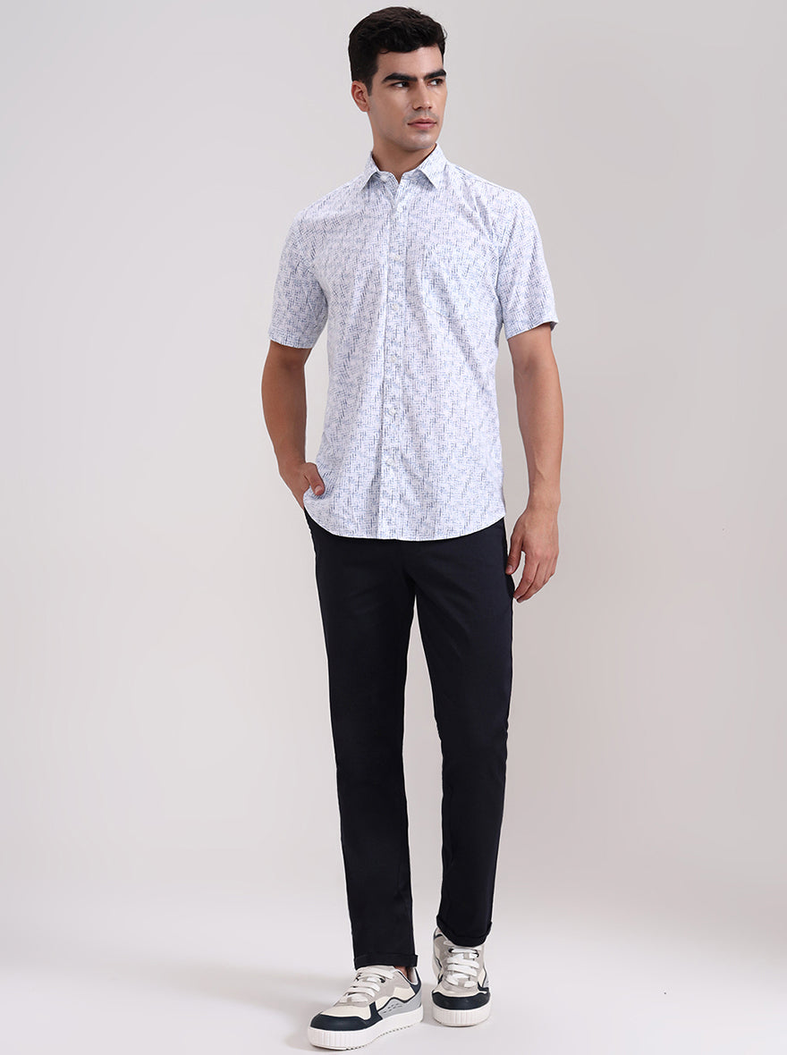Blue Printed Tailored Fit Semi Casual Shirt | JadeBlue
