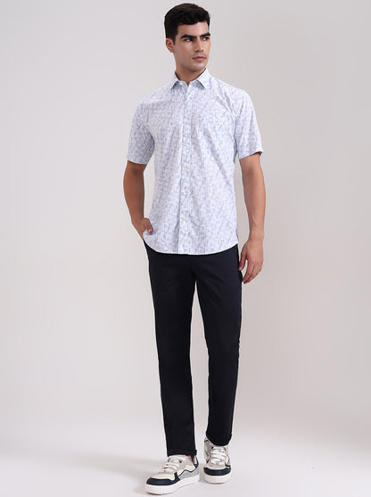 Blue Printed Tailored Fit Semi Casual Shirt | JadeBlue