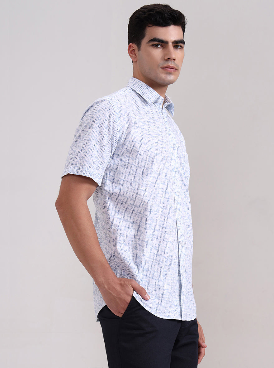 Blue Printed Tailored Fit Semi Casual Shirt | JadeBlue