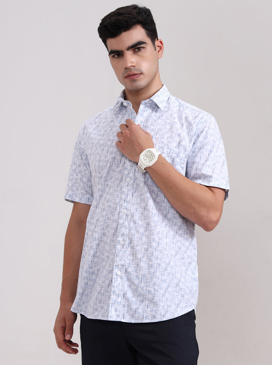 Blue Printed Tailored Fit Semi Casual Shirt | JadeBlue