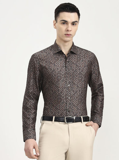 Brown Printed Slim Fit Formal Shirt | JadeBlue Super Luxe