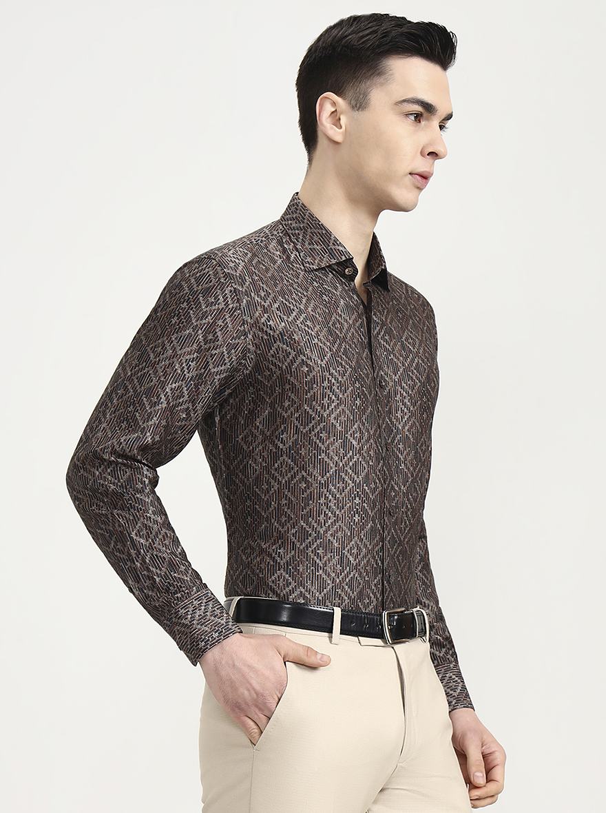 Brown Printed Slim Fit Formal Shirt | JadeBlue Super Luxe