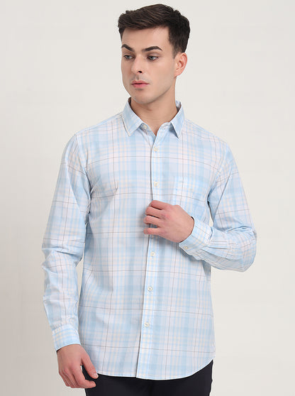 Light Blue Checked Slim Fit Casual Shirt | JadeBlue