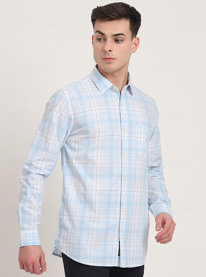 Light Blue Checked Slim Fit Casual Shirt | JadeBlue