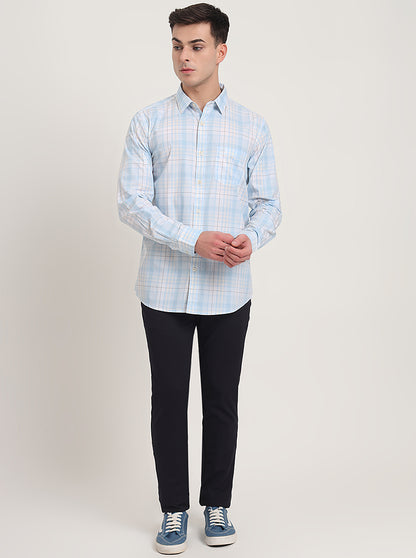 Light Blue Checked Slim Fit Casual Shirt | JadeBlue