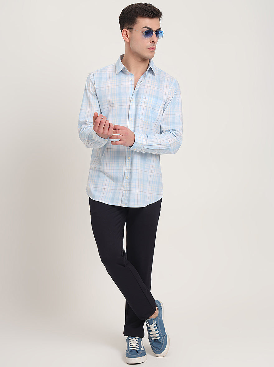 Light Blue Checked Slim Fit Casual Shirt | JadeBlue