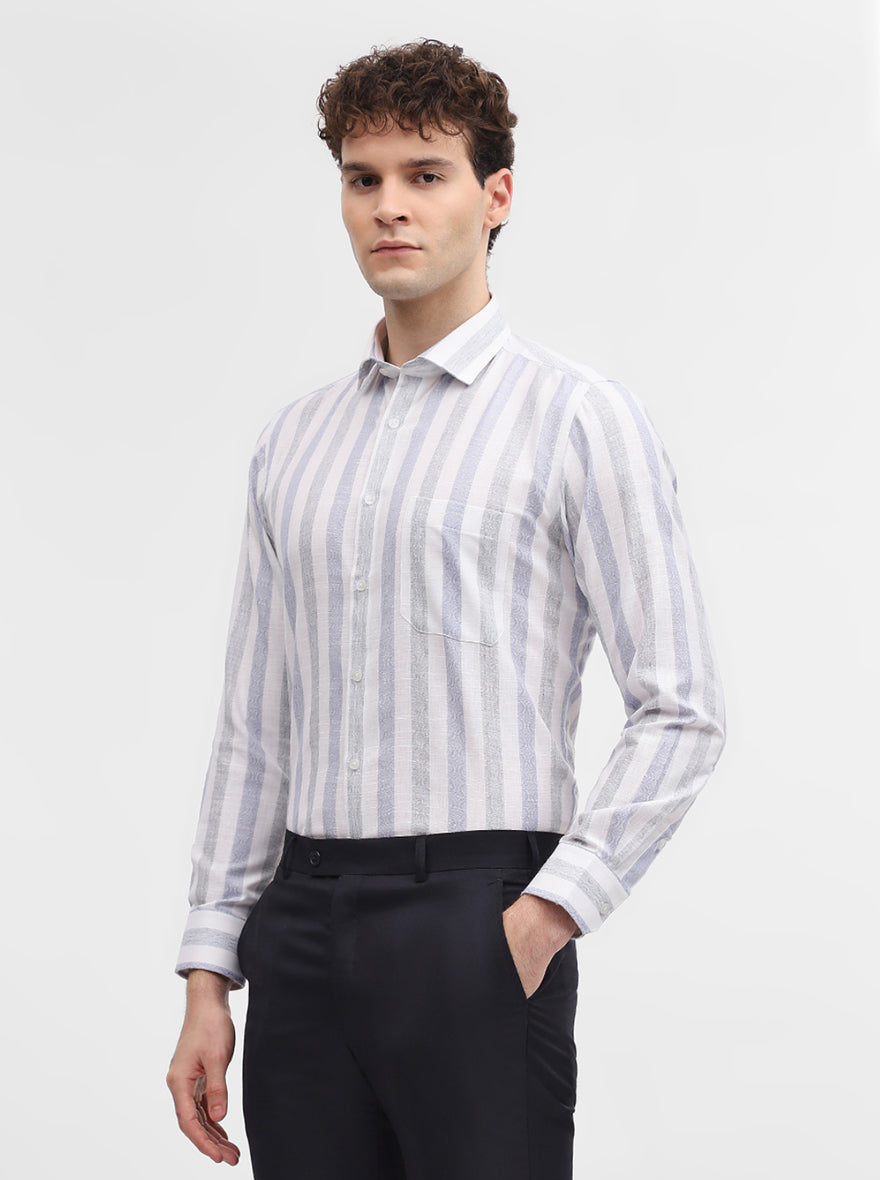 White & Blue Striped Slim Fit Formal Shirt | Greenfibre