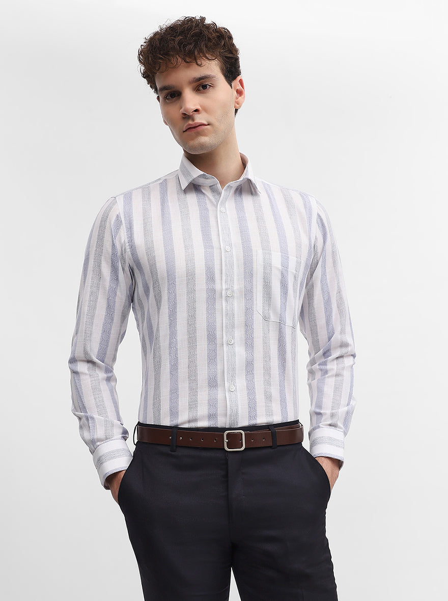 White & Blue Striped Slim Fit Formal Shirt | Greenfibre
