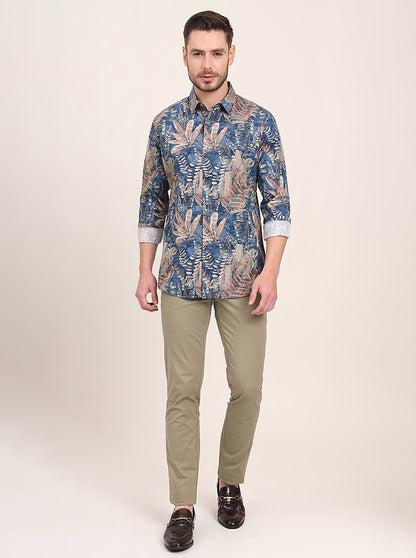 Navy Blue Printed Slim Fit Casual Shirt | JadeBlue