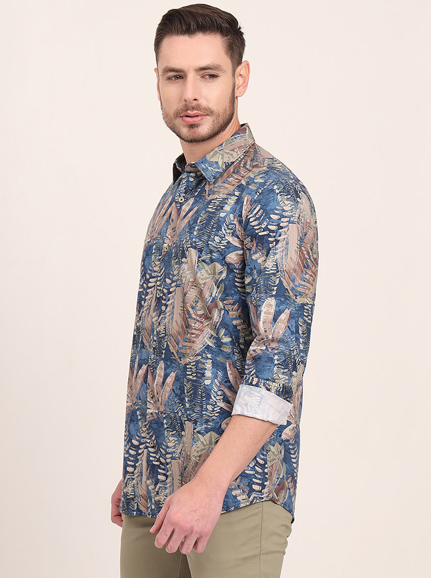 Navy Blue Printed Slim Fit Casual Shirt | JadeBlue