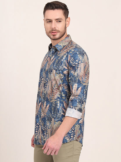 Navy Blue Printed Slim Fit Casual Shirt | JadeBlue