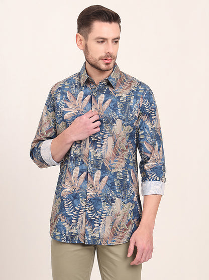 Navy Blue Printed Slim Fit Casual Shirt | JadeBlue