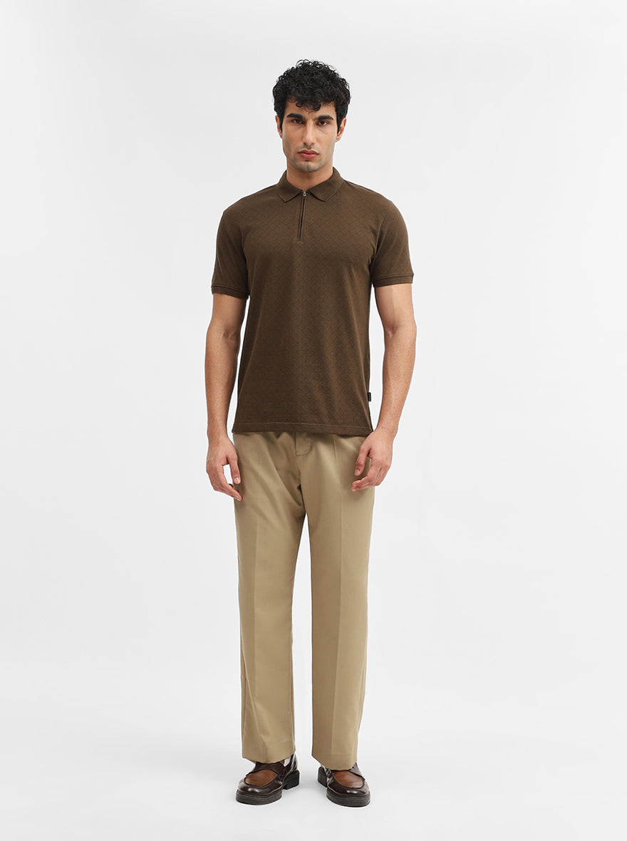 Olive Jacquard Slim Fit Polo T-Shirt | JadeBlue