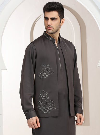 Grey Embroidered Kurta Pajama with Koti | TULA