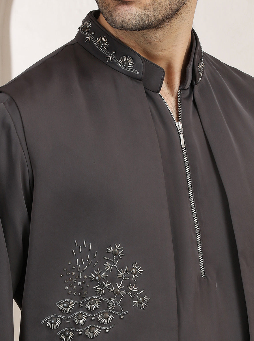 Grey Embroidered Kurta Pajama with Koti | TULA