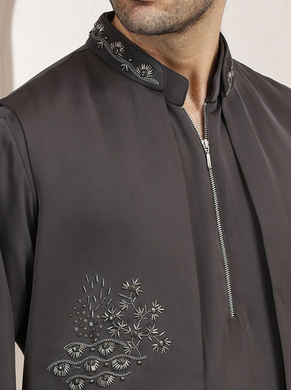 Grey Embroidered Kurta Pajama with Koti | TULA