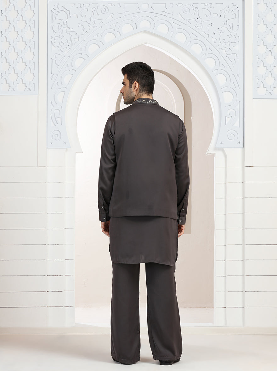 Grey Embroidered Kurta Pajama with Koti | TULA