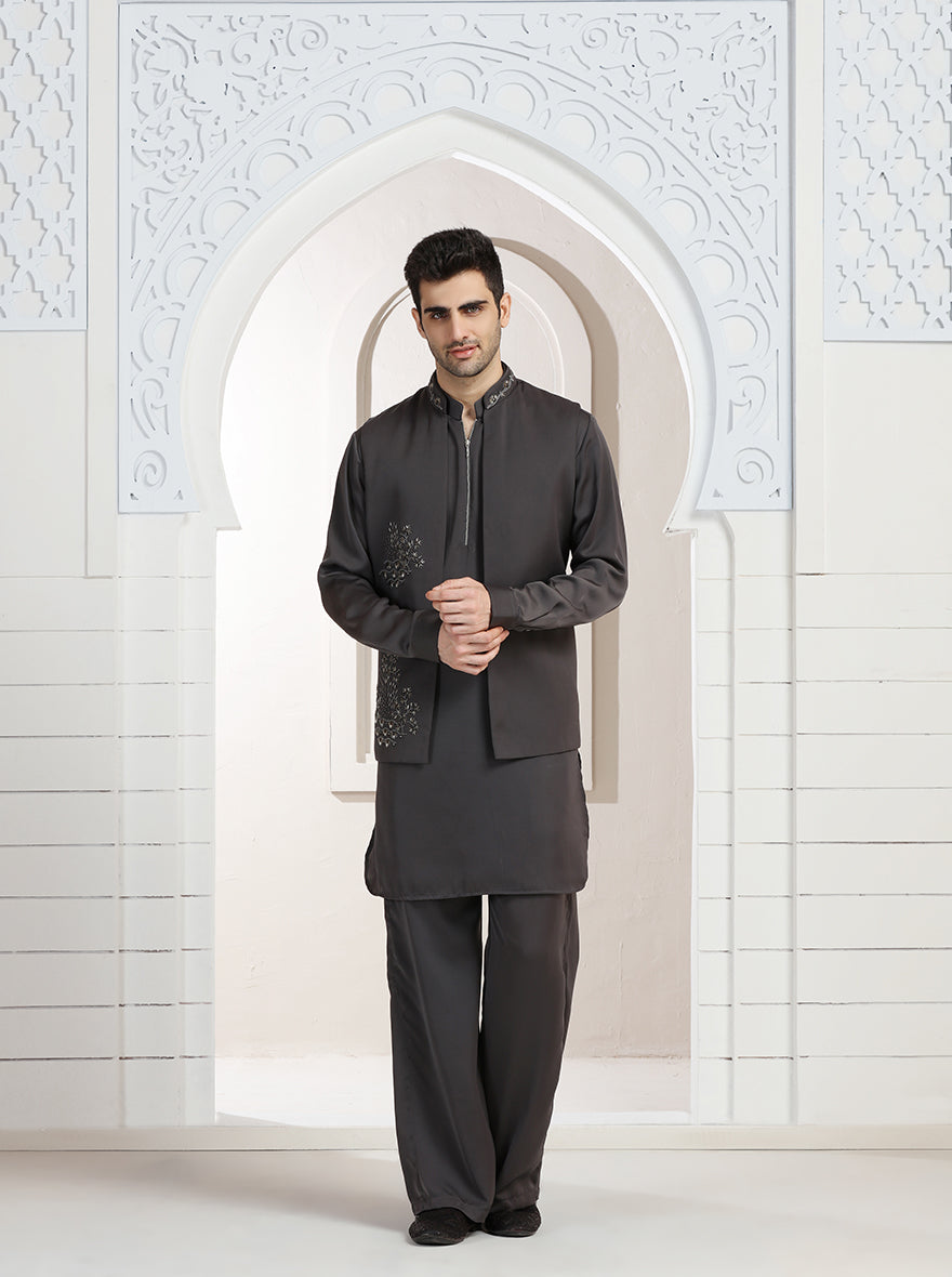 Grey Embroidered Kurta Pajama with Koti | TULA
