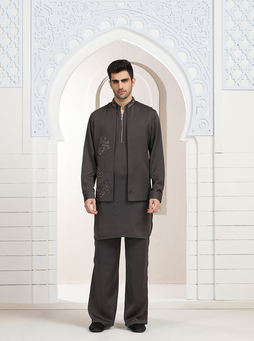 Grey Embroidered Kurta Pajama with Koti | TULA
