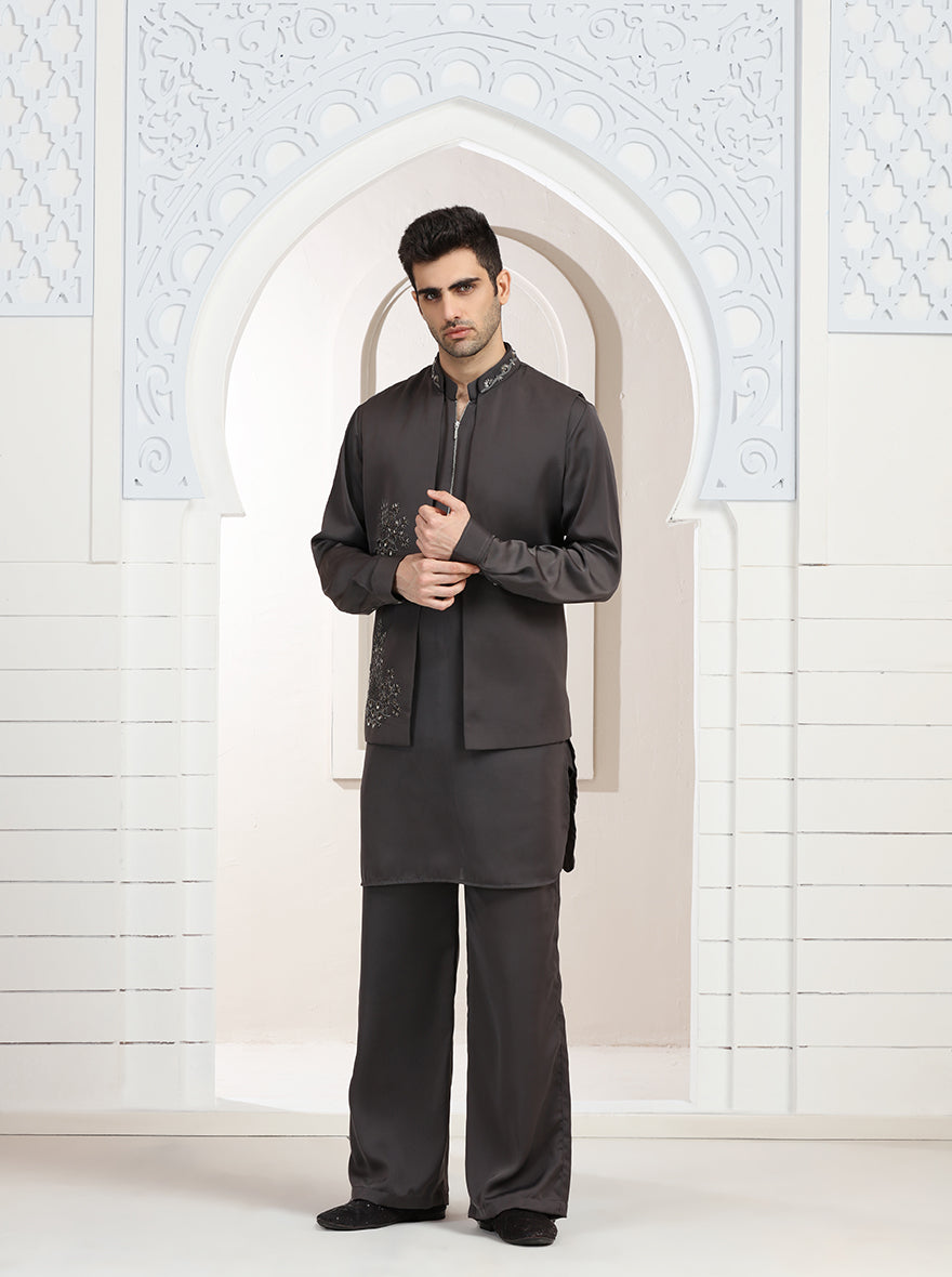 Grey Embroidered Kurta Pajama with Koti | TULA