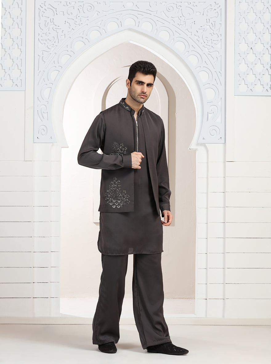 Grey Embroidered Kurta Pajama with Koti | TULA