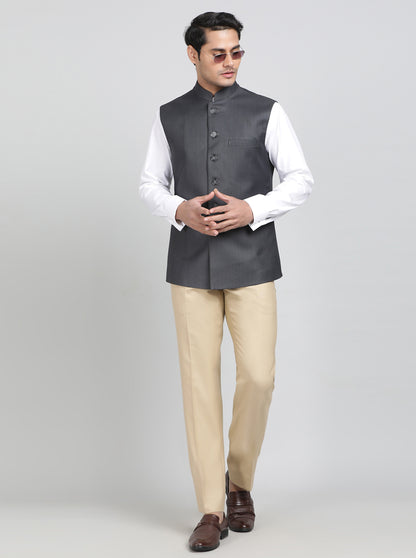 Dark Grey Solid Regular Fit Bandhgala Jacket | Greenfibre