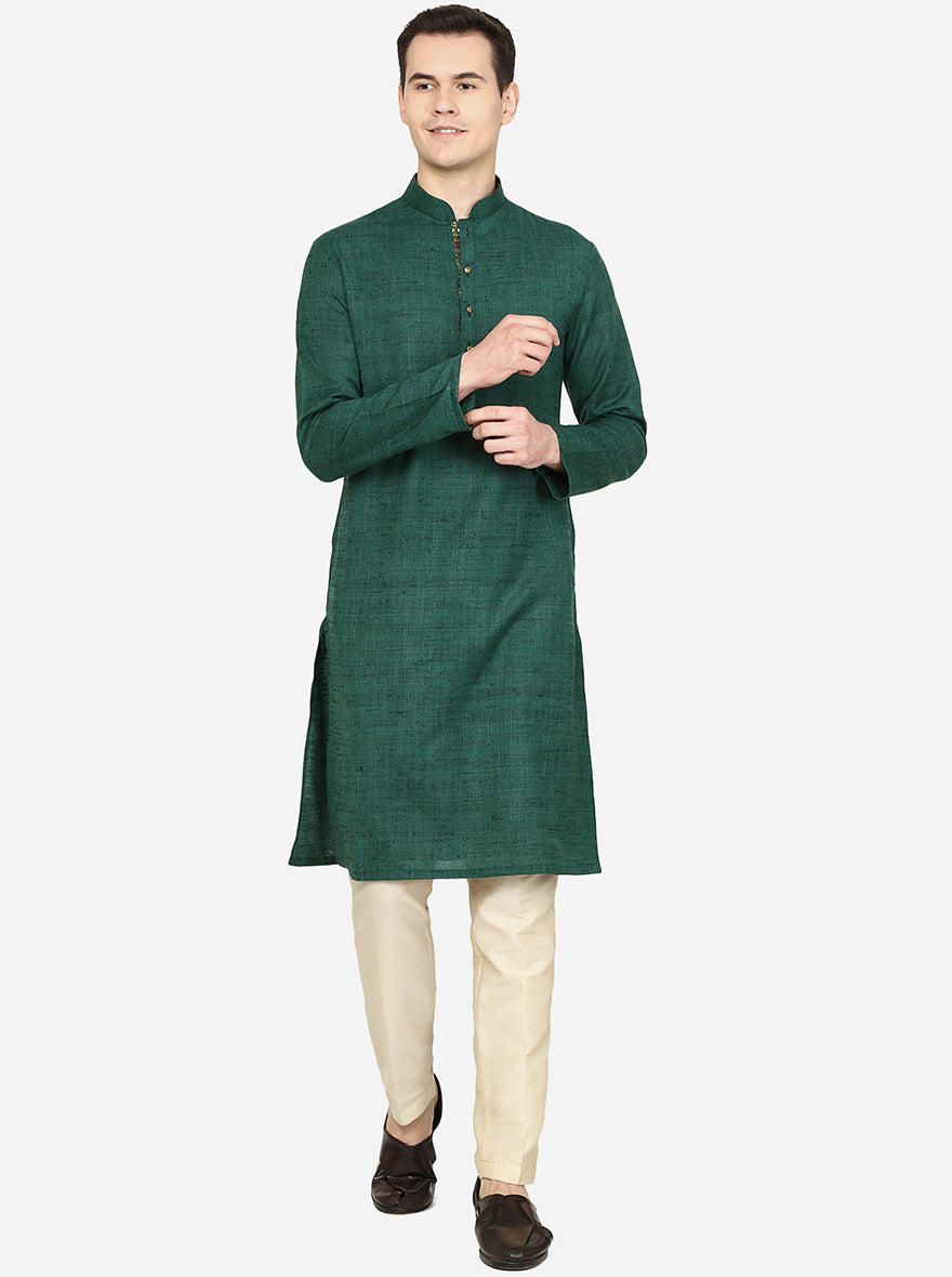 Forest Green Solid Silk Blend Kurta | The Kurta Company