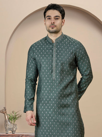 Deep Green Self Design Kurta Pajama | JB X JB