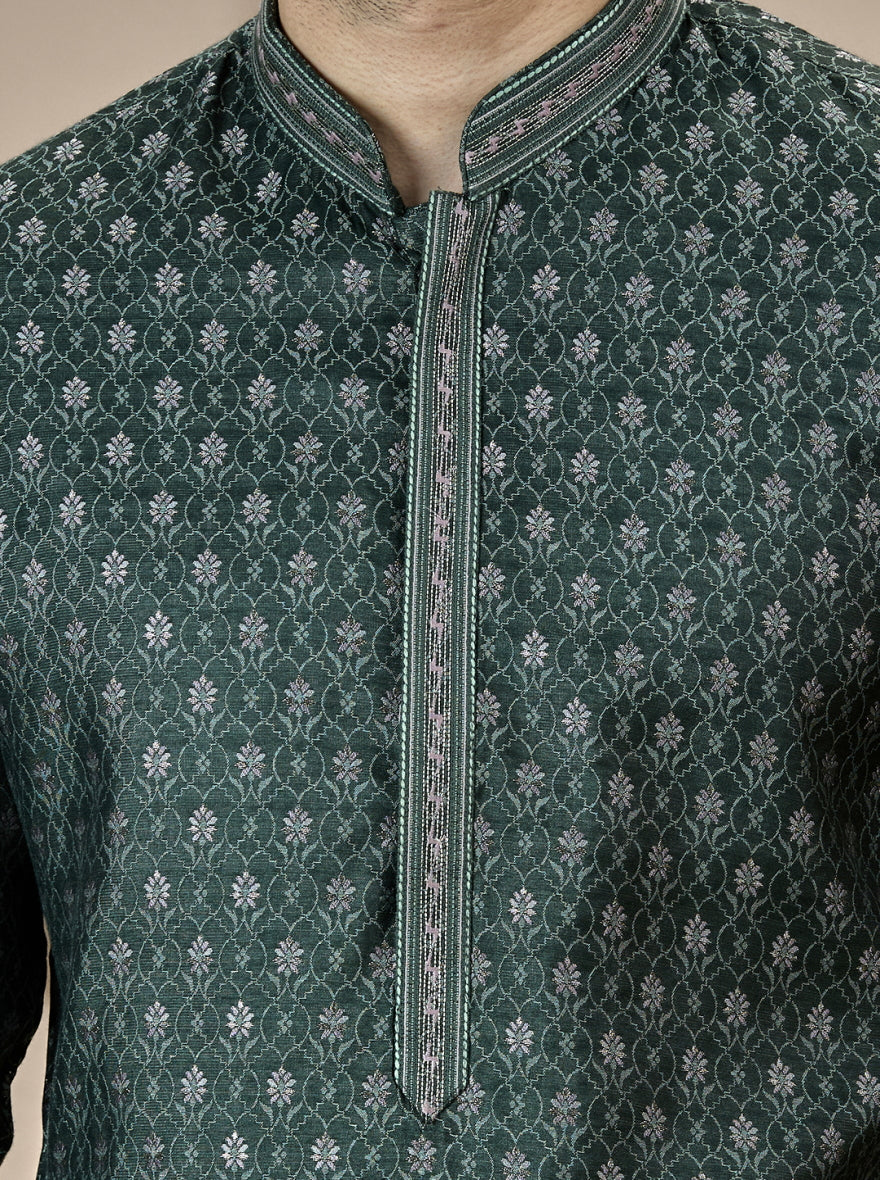 Deep Green Self Design Kurta Pajama | JB X JB