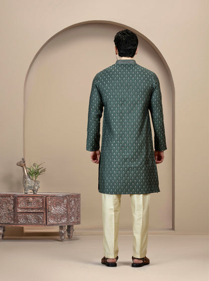 Deep Green Self Design Kurta Pajama | JB X JB