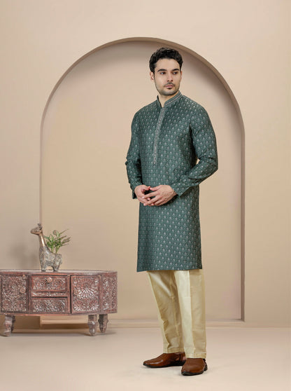 Deep Green Self Design Kurta Pajama | JB X JB