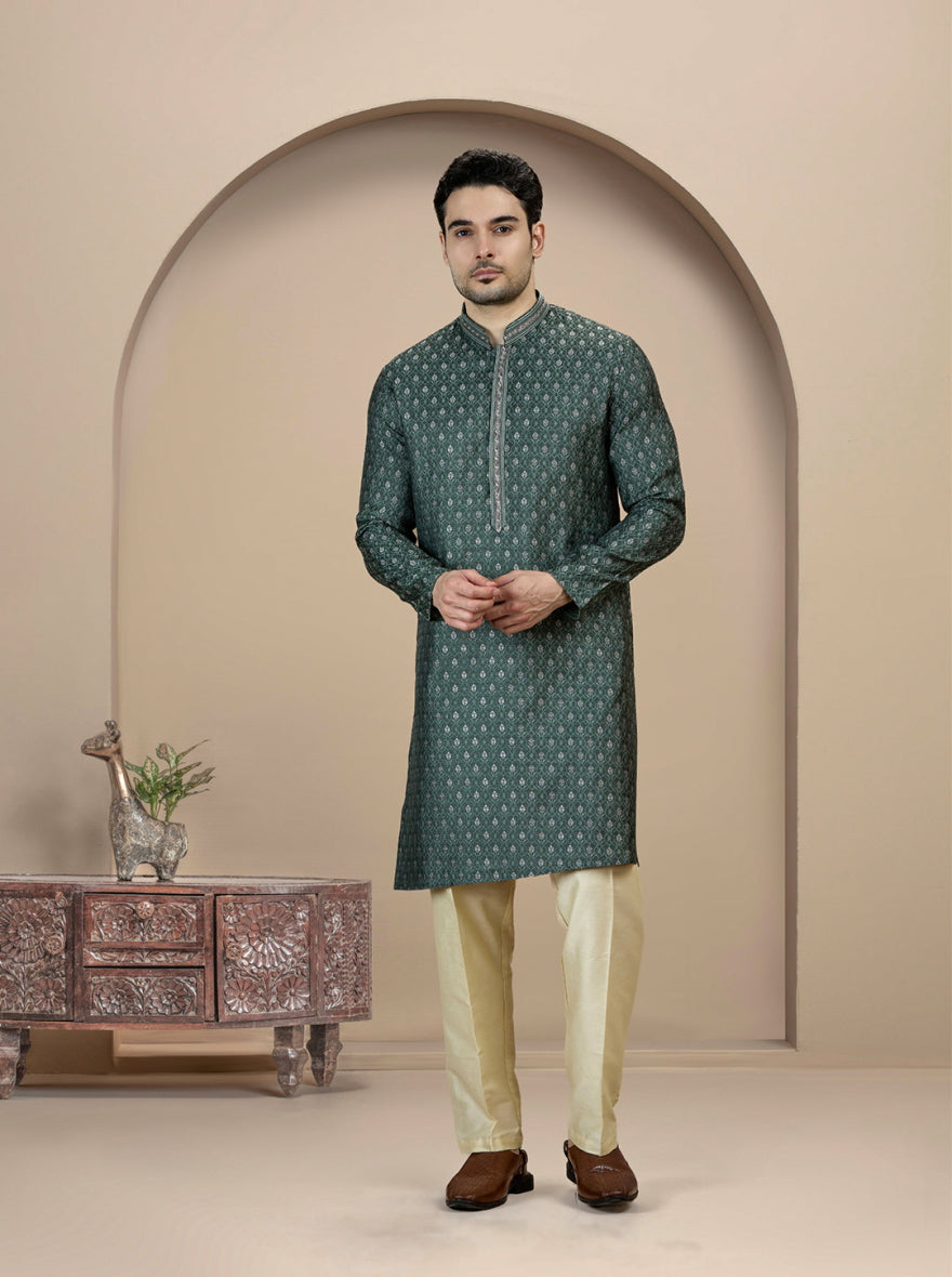 Deep Green Self Design Kurta Pajama | JB X JB