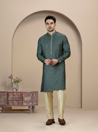 Deep Green Self Design Kurta Pajama | JB X JB