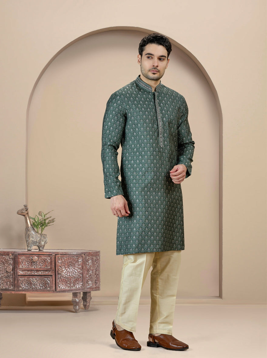 Deep Green Self Design Kurta Pajama | JB X JB