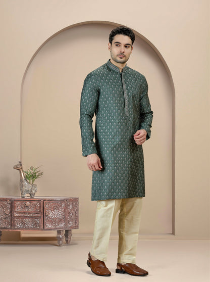 Deep Green Self Design Kurta Pajama | JB X JB