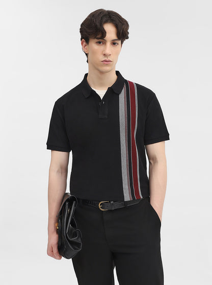 Black & Maroon Striped Slim Fit Polo T-Shirt | JadeBlue