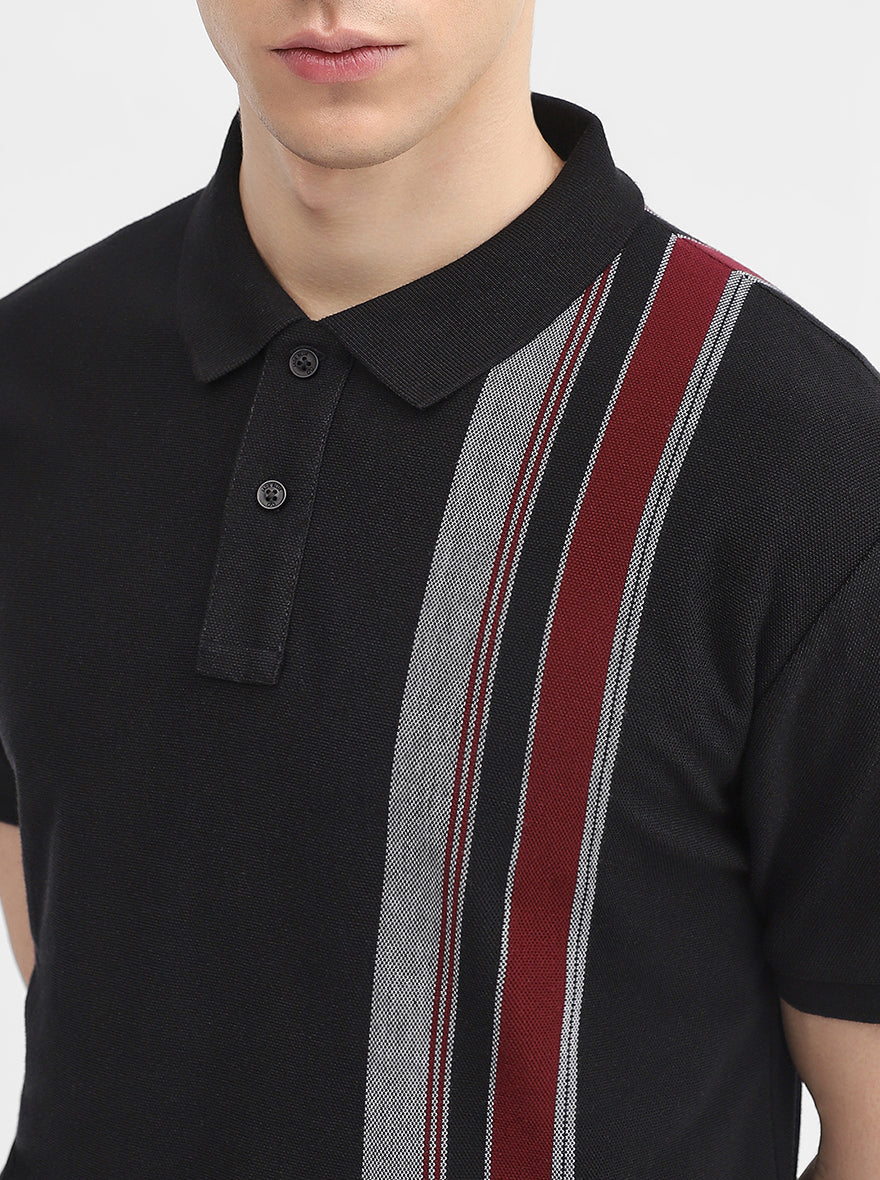 Black & Maroon Striped Slim Fit Polo T-Shirt | JadeBlue