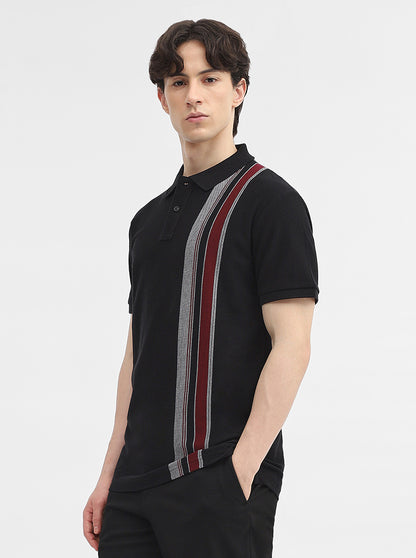 Black & Maroon Striped Slim Fit Polo T-Shirt | JadeBlue