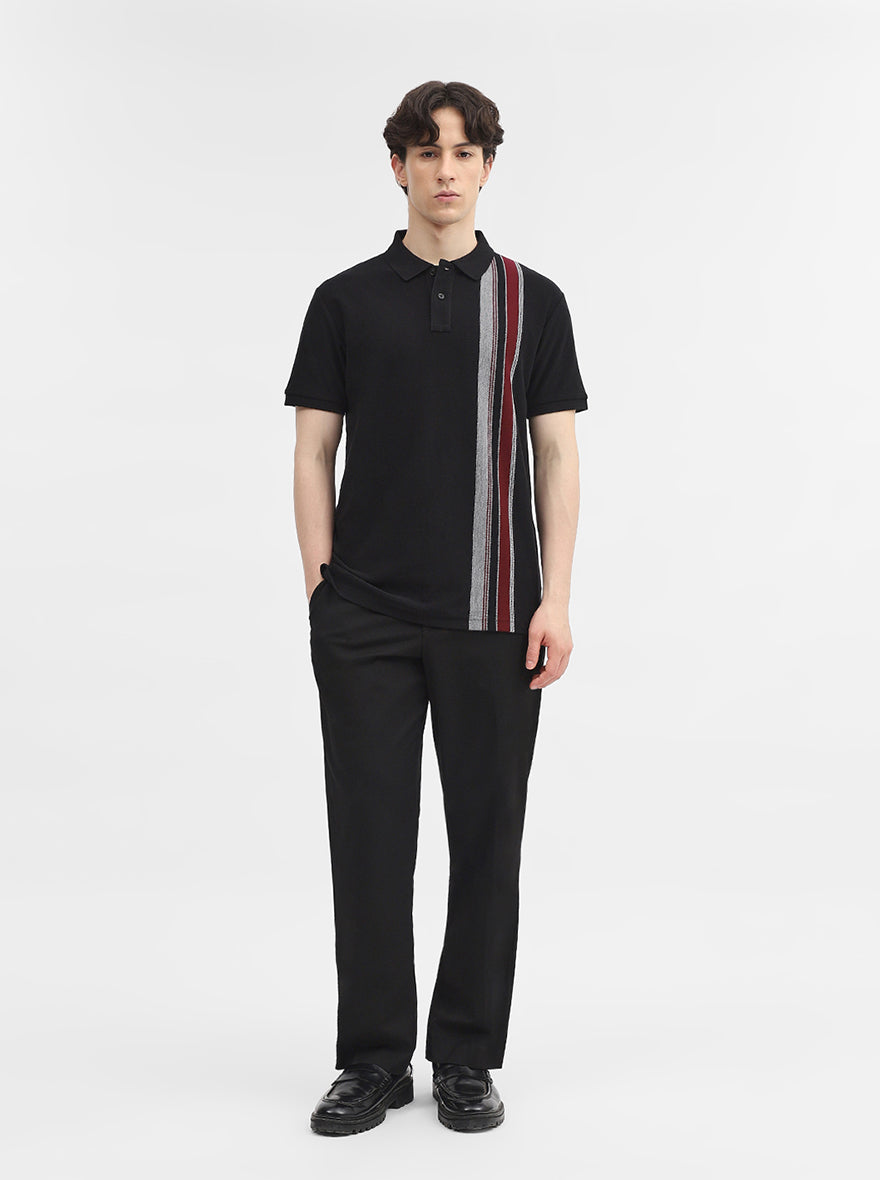 Black & Maroon Striped Slim Fit Polo T-Shirt | JadeBlue